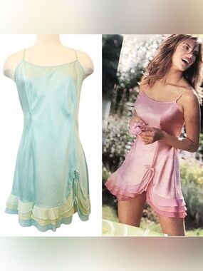 Victoria's Secret 2002 100% Silk Blue Green Vintage Mermaid Ruffle Slip Dress XS